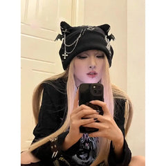 Gothic Black Beanie with Bat Wings Chain