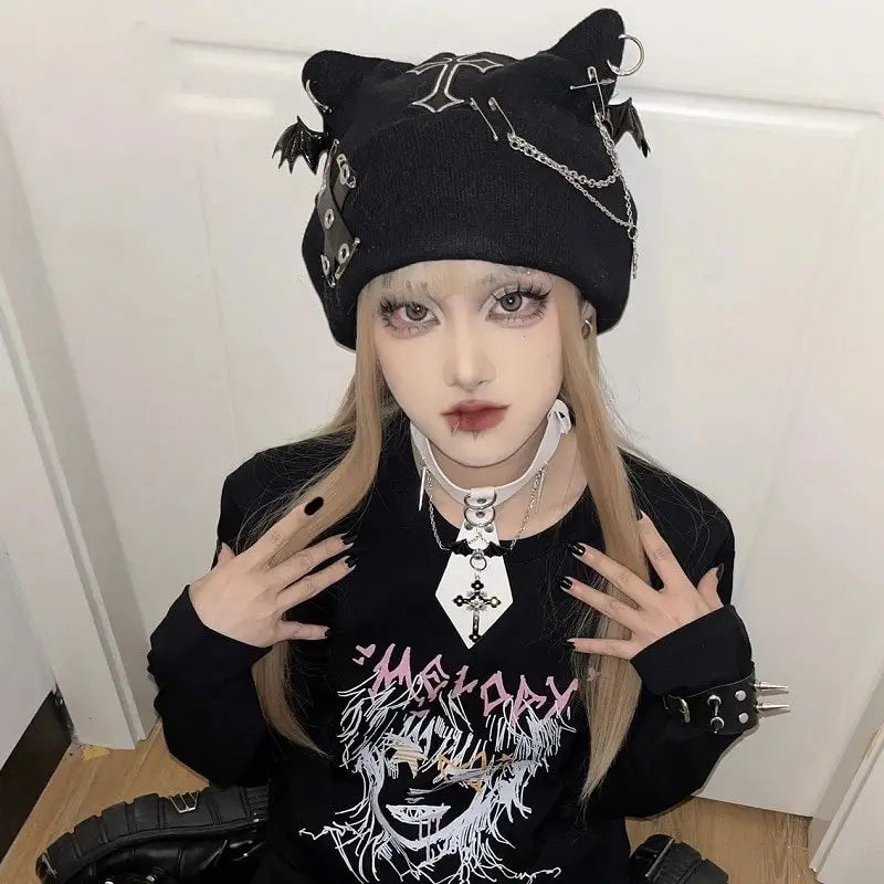 Gothic Black Beanie with Bat Wings Chain