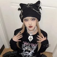Gothic Black Beanie with Bat Wings Chain