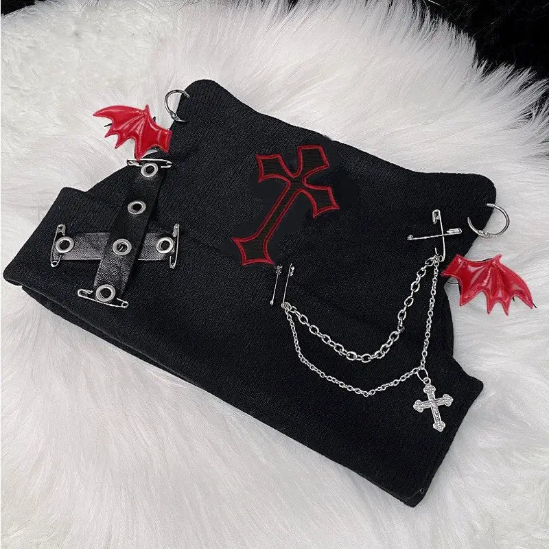 Gothic Black Beanie with Bat Wings Chain Red / One Size