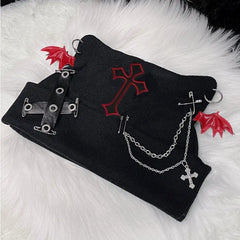 Gothic Black Beanie with Bat Wings Chain Red / One Size