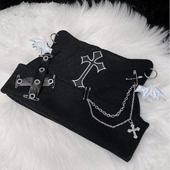 Gothic Black Beanie with Bat Wings Chain Silver / One Size