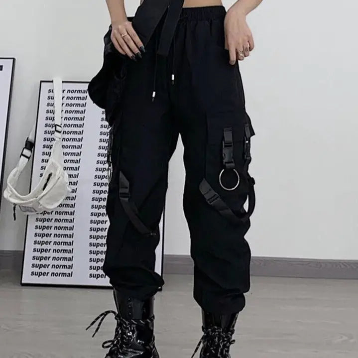 Gothic Black Cargo Pockets Pant Polyester Full Length