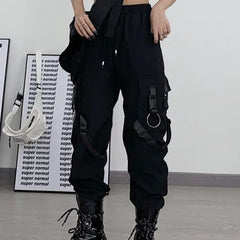 Gothic Black Cargo Pockets Pant Polyester Full Length
