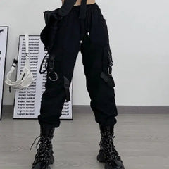 Gothic Black Cargo Pockets Pant Polyester Full Length