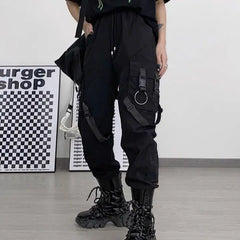 Gothic Black Cargo Pockets Pant Polyester Full Length