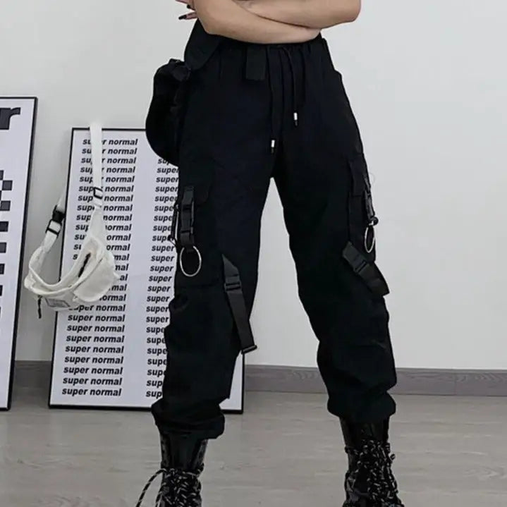 Gothic Black Cargo Pockets Pant Polyester Full Length