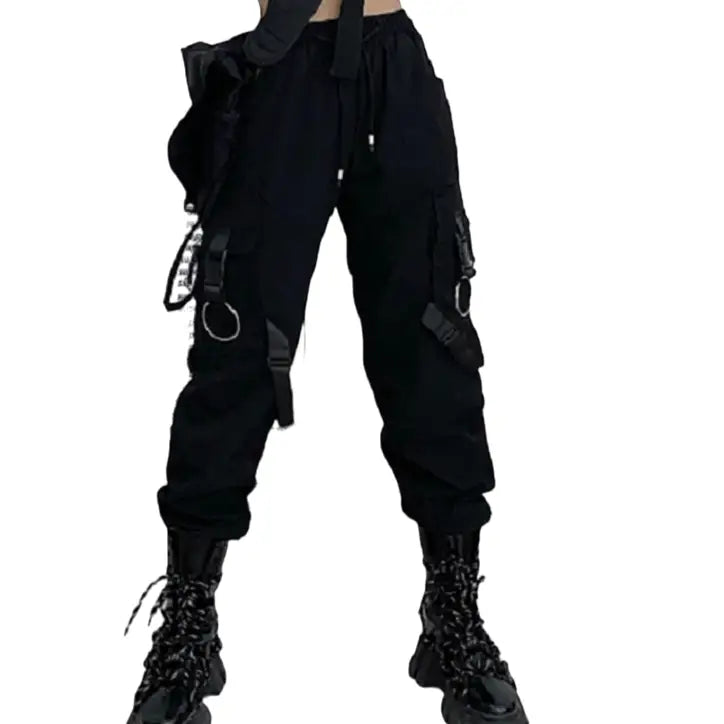Gothic Black Cargo Pockets Pant Polyester Full Length / S