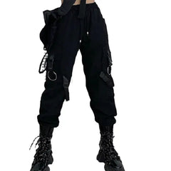 Gothic Black Cargo Pockets Pant Polyester Full Length / S