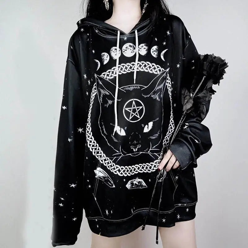 Gothic Black Cat Astral Hoodies for Everyday Wear