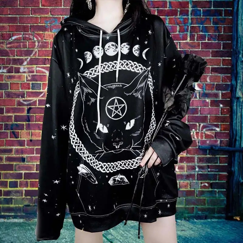 Gothic Black Cat Astral Hoodies for Everyday Wear