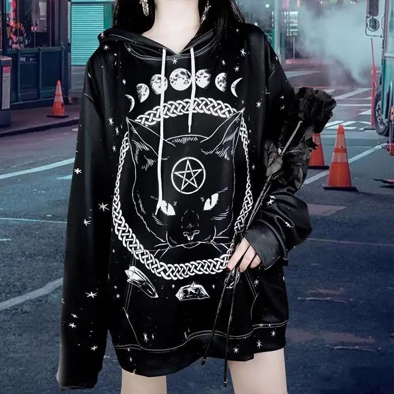 Gothic Black Cat Astral Hoodies for Everyday Wear / S