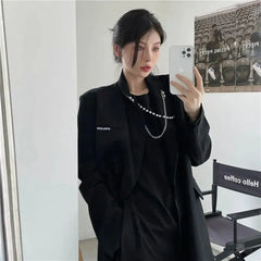 Gothic Black Long-Sleeved Baggy Blazer With Pockets