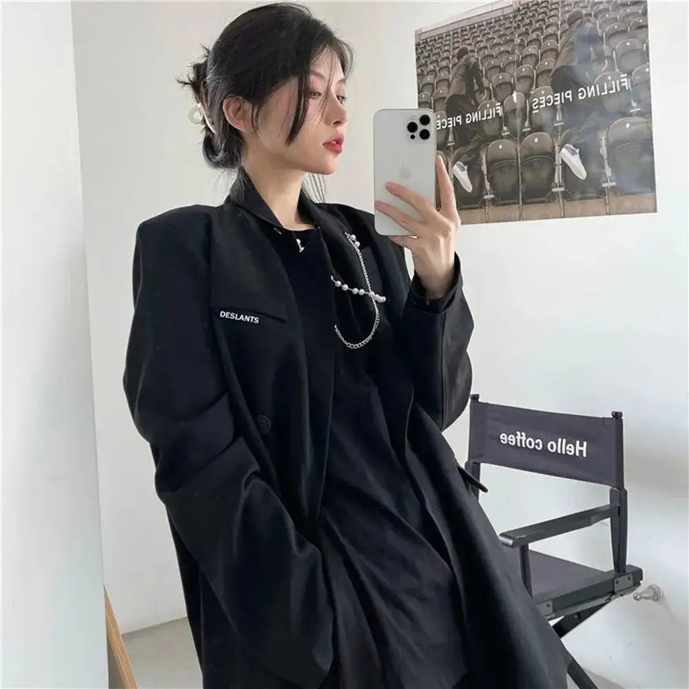 Gothic Black Long-Sleeved Baggy Blazer With Pockets