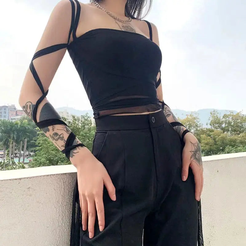 Gothic Black Mesh Lace Up Bandage Crop Top