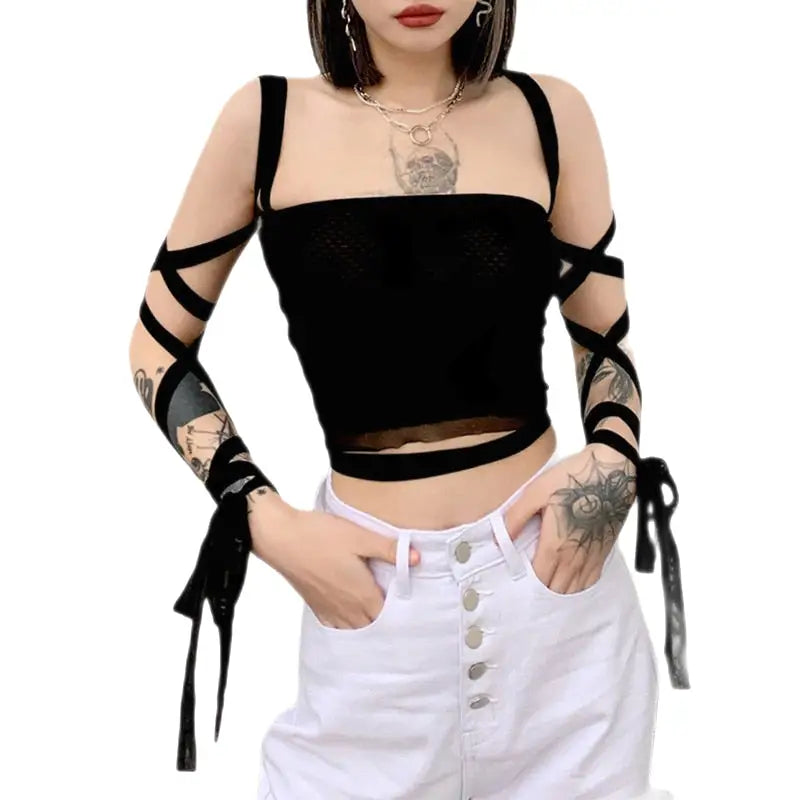 Gothic Black Mesh Lace Up Bandage Crop Top