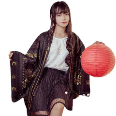 Gothic Boho Japanese Kimono Polyester Robe Black / M