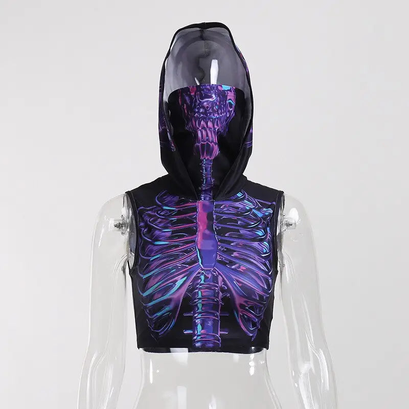 Gothic Breast Skeleton Vaporwave Hooded Crop Tank Top