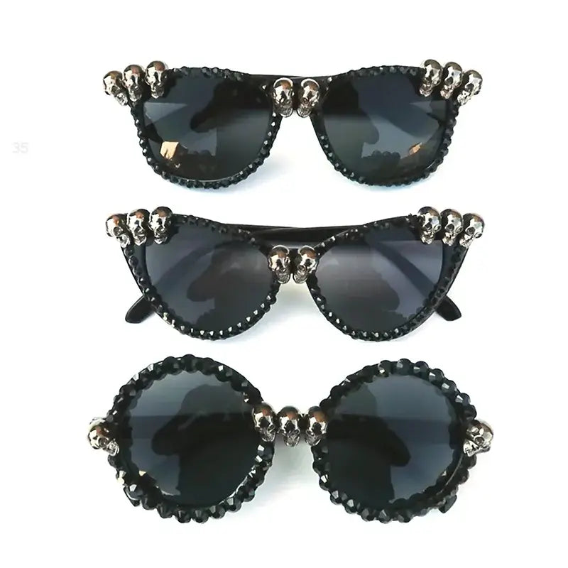 Gothic Cat Eye Skull Rhinestone Round Sunglasses