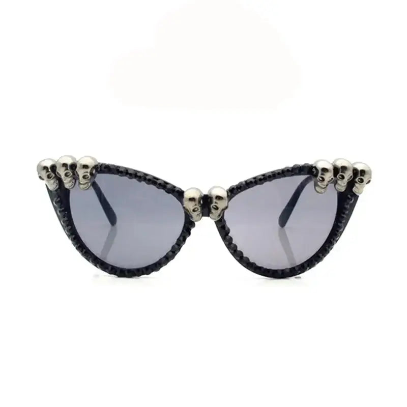 Gothic Cat Eye Skull Rhinestone Round Sunglasses