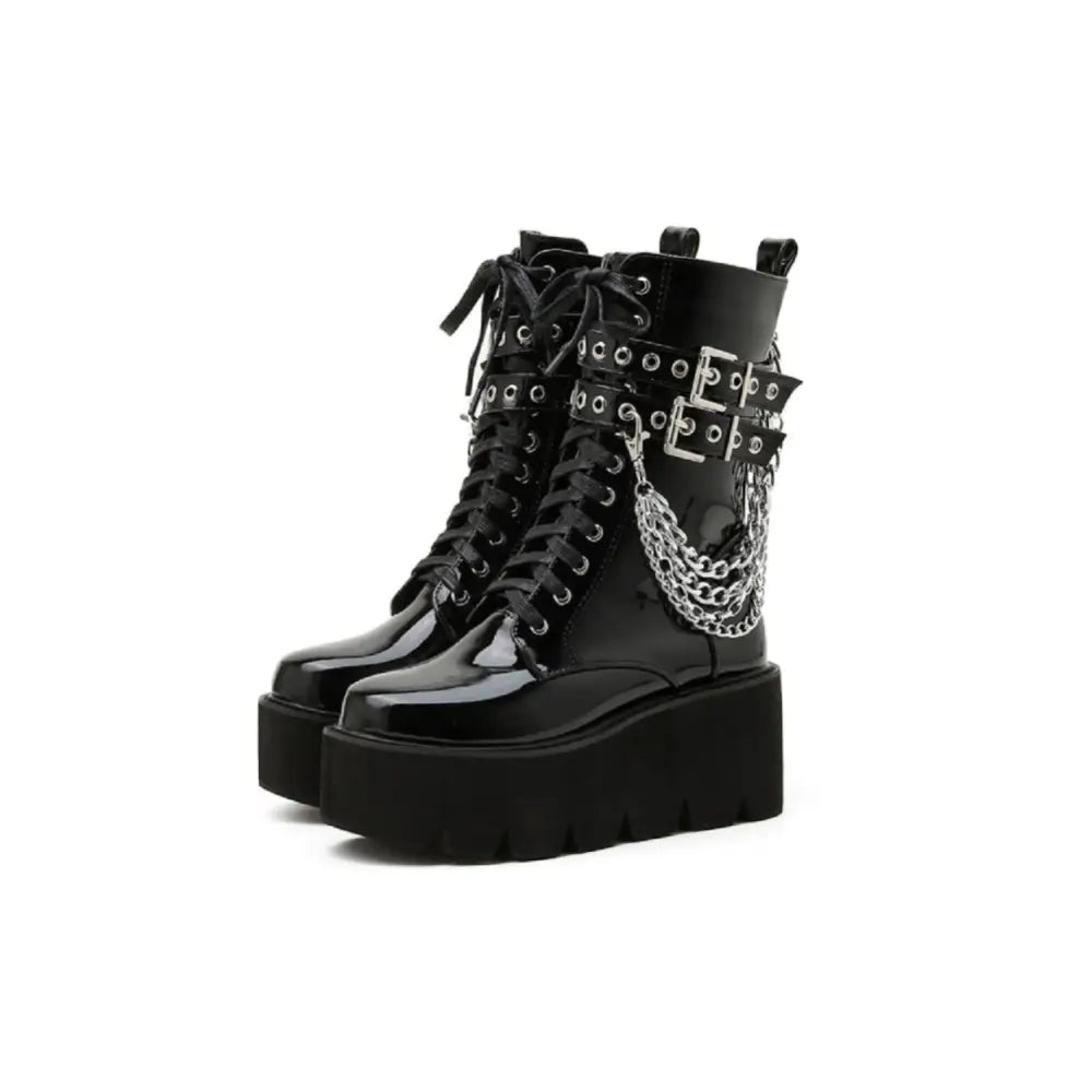 Gothic Chains Round Toe Mid-Calf Boots