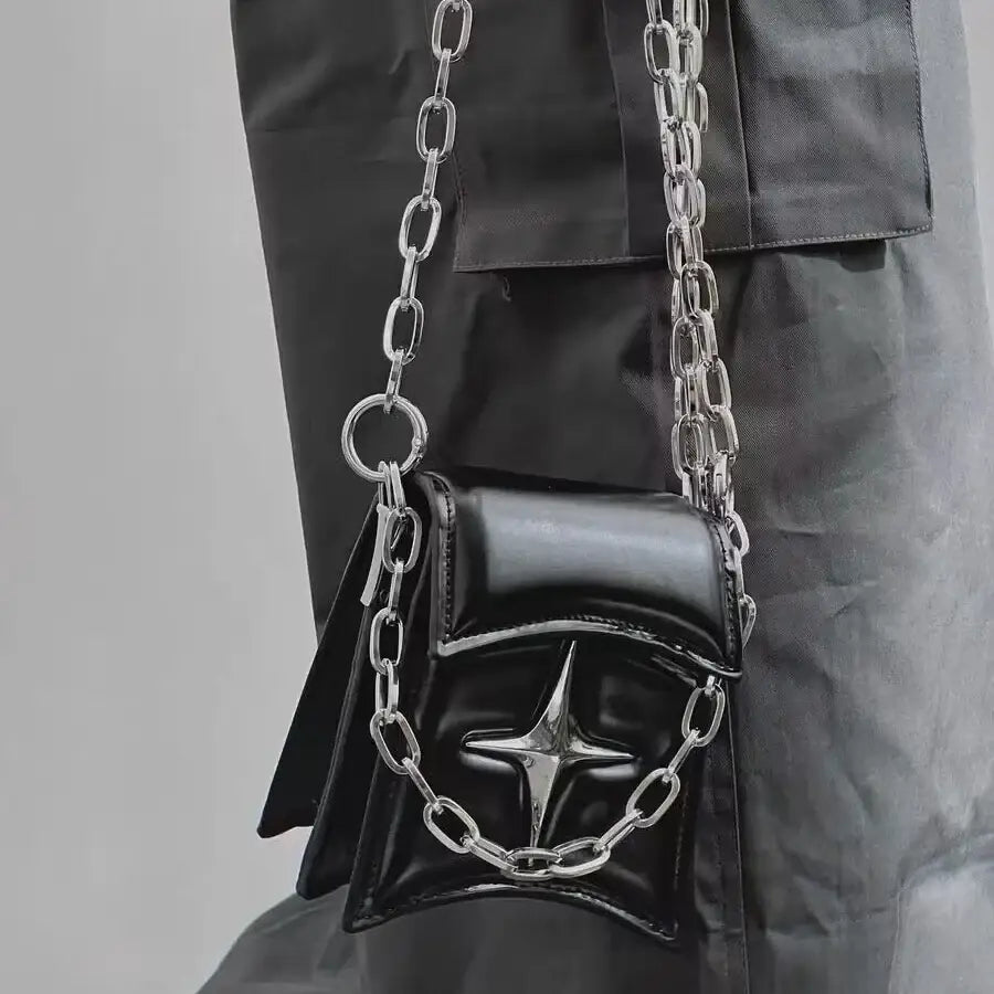 Gothic Cross Faux Leather Small Chain Shoulder Bag - Black
