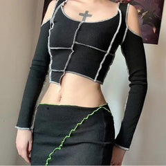 Gothic Dark Patchwork Crop Top Black / S