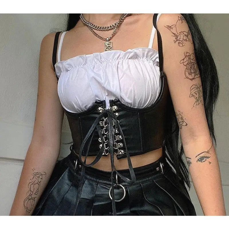 Gothic Dark PU Leather Corset Crop Top Sleeveless Black