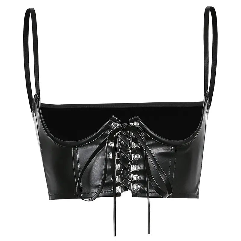 Gothic Dark PU Leather Corset Crop Top Sleeveless Black