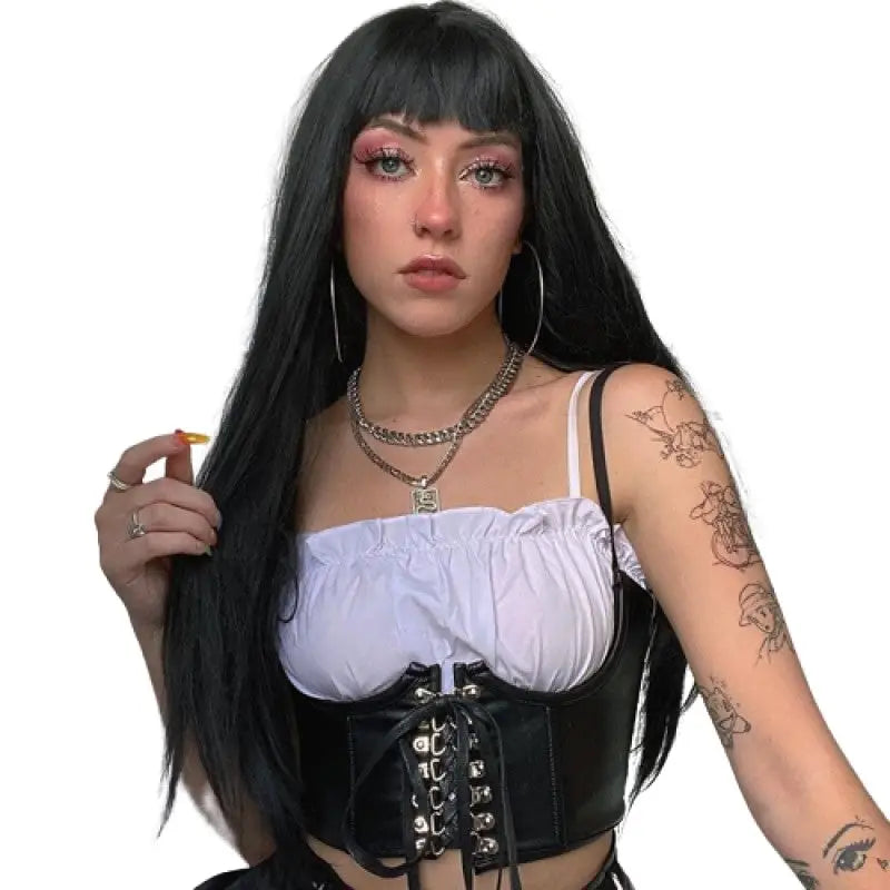 Gothic Dark PU Leather Corset Crop Top Sleeveless Black