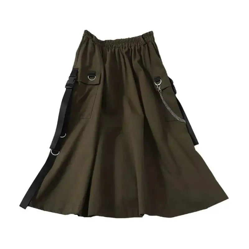 Gothic High Waist Cargo A Line Midi Skirt Army Green / S