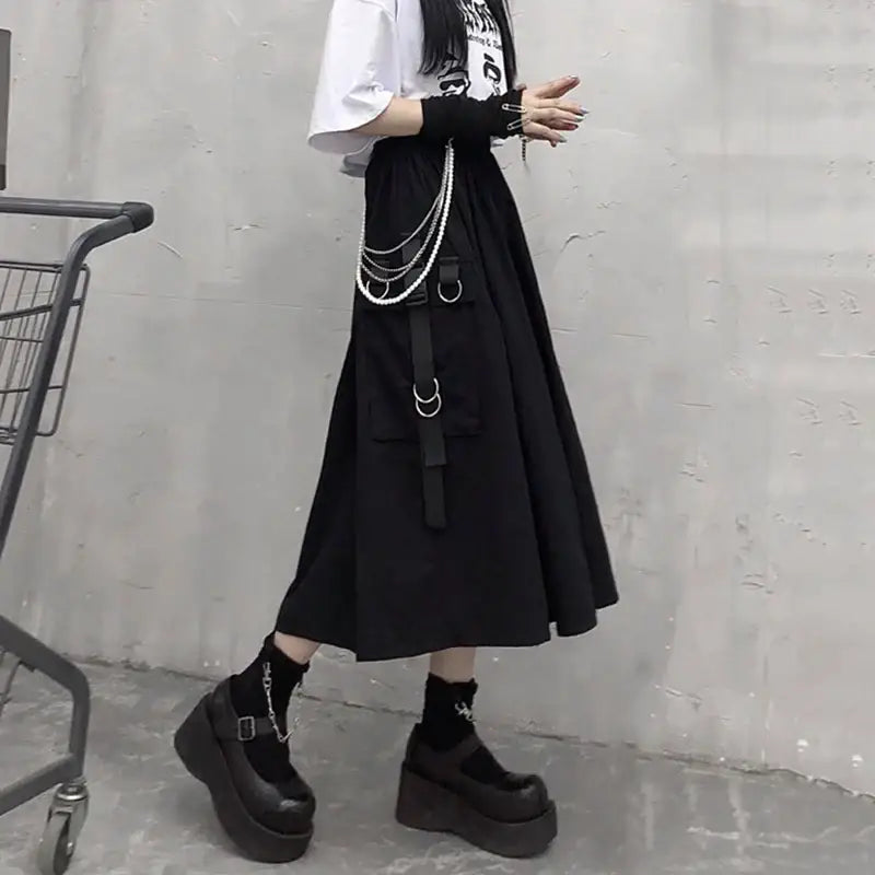Gothic High Waist Cargo A Line Midi Skirt Black / S
