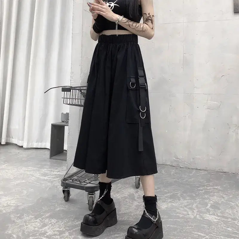 Gothic High Waist Cargo A Line Midi Skirt