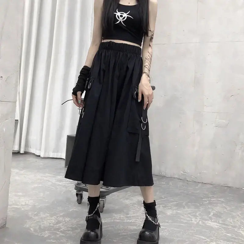 Gothic High Waist Cargo A Line Midi Skirt