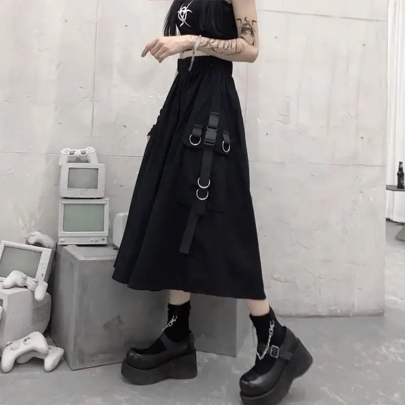 Gothic High Waist Cargo A Line Midi Skirt