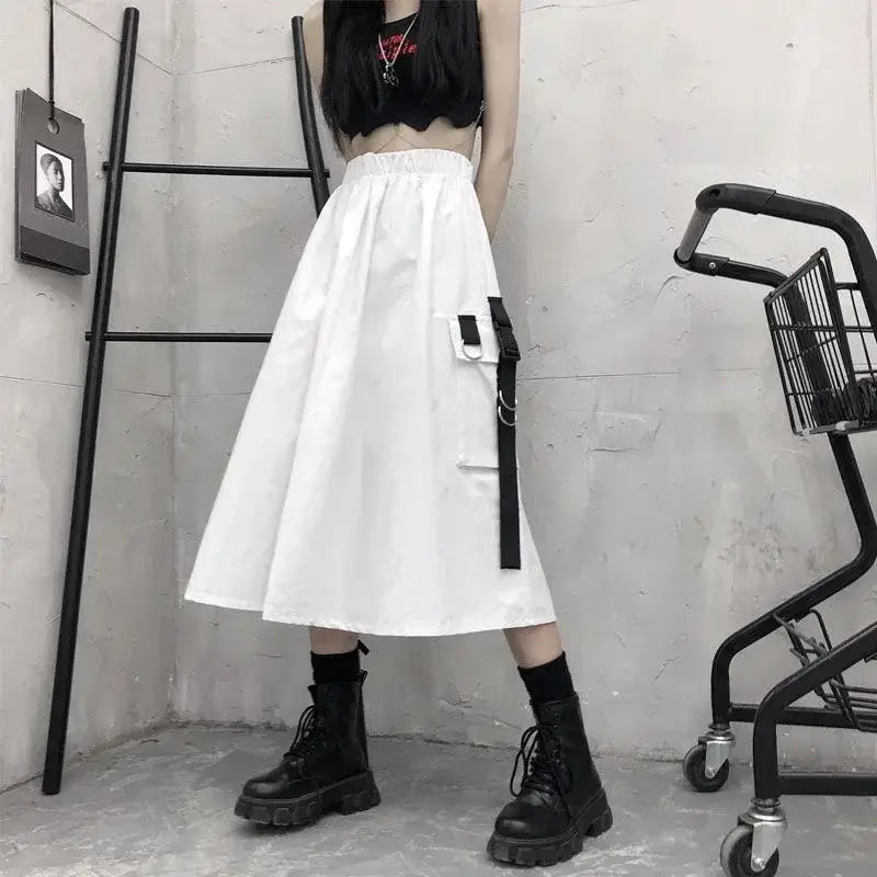 Gothic High Waist Cargo A Line Midi Skirt White / S