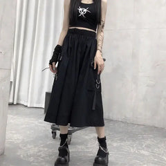 Gothic High Waist Cargo Loose A line Midi Skirts