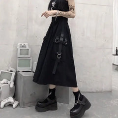 Gothic High Waist Cargo Loose A line Midi Skirts