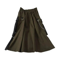 Gothic High Waist Cargo Loose A line Midi Skirts - Army