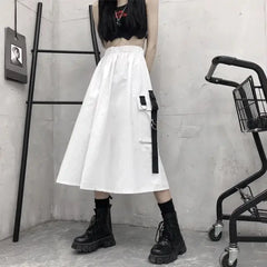 Gothic High Waist Cargo Loose A line Midi Skirts - White / S