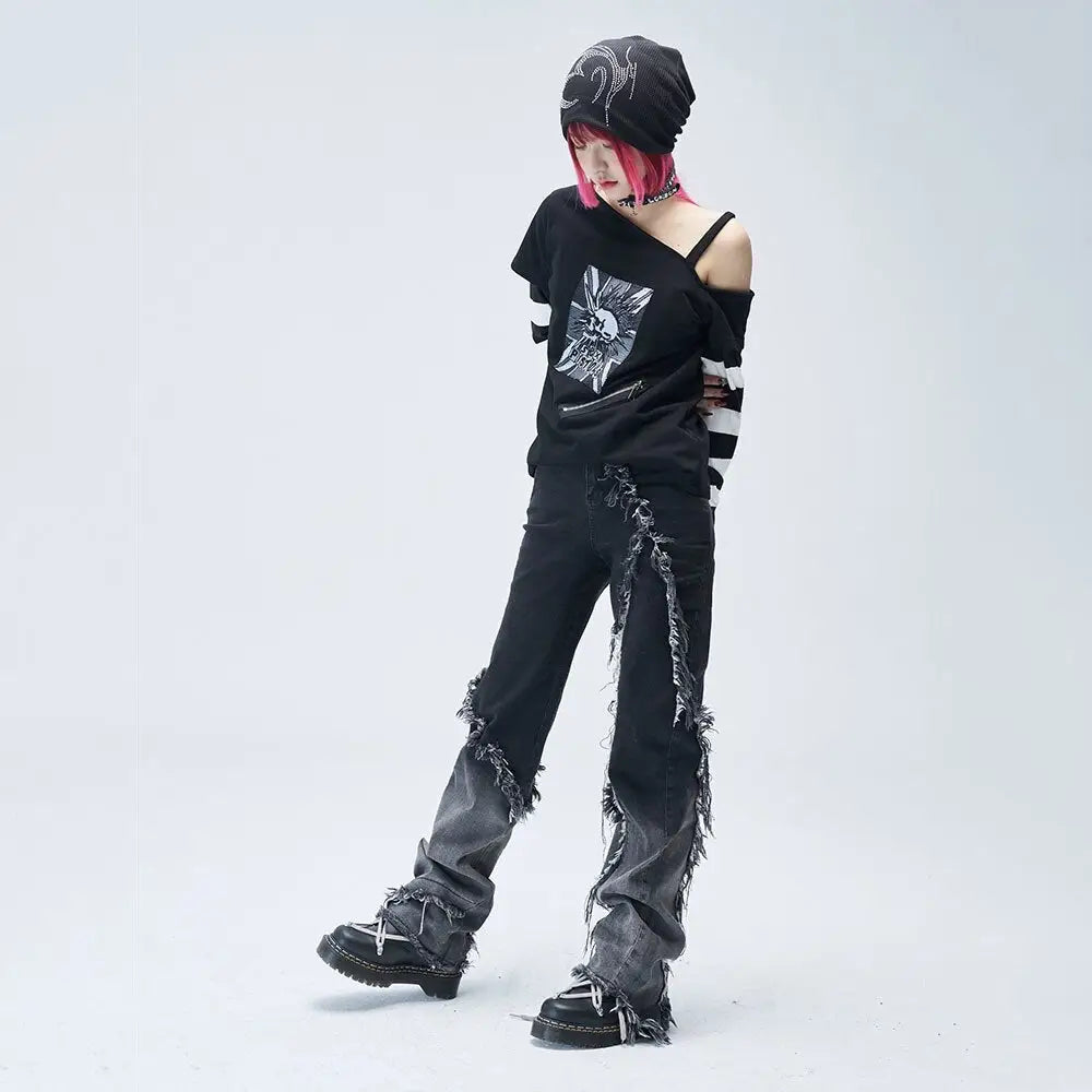 Gothic High Waist Wide Leg Cotton Denim Pants