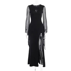 Gothic Hollow Mesh Midi Dress - Black / S