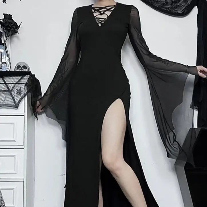 Gothic Hollow Mesh Midi Dress for Women