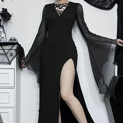 Gothic Hollow Mesh Midi Dress for Women