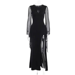 Gothic Hollow Mesh Midi Dress for Women Black / S