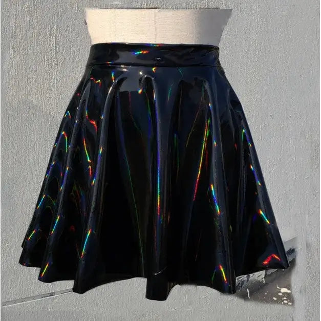 Gothic Holographic Rainbow PVC Vinyl Flared Rave Skirt