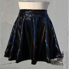 Gothic Holographic Rainbow PVC Vinyl Flared Rave Skirt