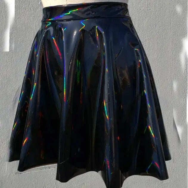 Gothic Holographic Rainbow PVC Vinyl Flared Rave Skirt