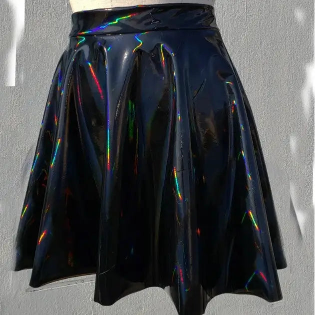 Gothic Holographic Rainbow PVC Vinyl Rave Skirt - Black