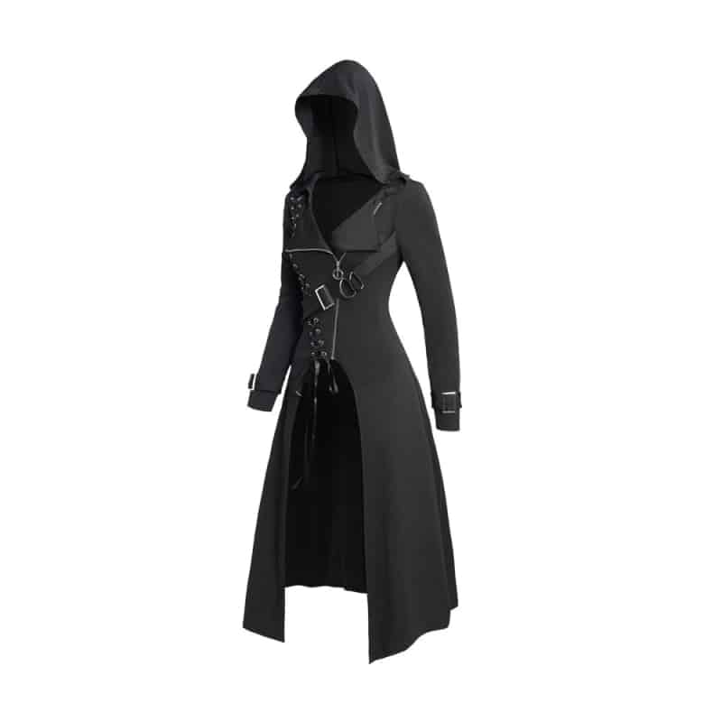 Gothic Hooded Lace Up Zipper Long Sleeve Trench Over Coat